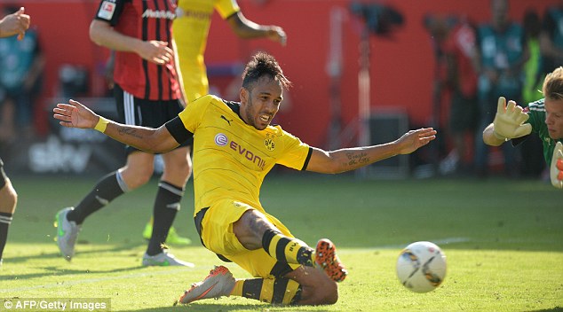 The Gabon striker slid in the complete a comfortable win for Dortmund