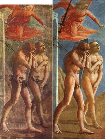 『楽園追放』（1426年 - 1427年） サンタ・マリア・デル・カルミネ大聖堂ブランカッチ礼拝堂（フィレンツェ） 左が修復前、右が1980年代に行われた修復後の画像で、後年になって付け加えられた股間の葉が除去されている